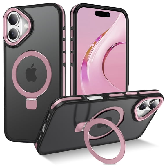 I-HONVA Magnetic Ring Stand Compatible with iPhone 16 Case,Military Drop Protection,Compatible with MagSafe,Matte Translucent Phone Case,Pink