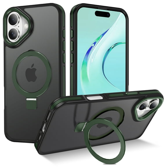 I-HONVA Magnetic Ring Stand Compatible with iPhone 16 Case,Military Drop Protection,Compatible with MagSafe,Matte Translucent Phone Case,Green