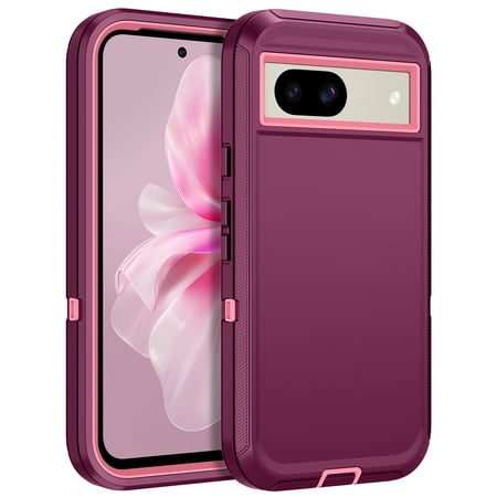 I-HONVA For Google Pixel 8A Case,3-Layer Military Grade Drop Protection Anti-Slip Bumper Rugged Shockproof Dustproof Protection 6.1 inch Phone Case,Purple Pink