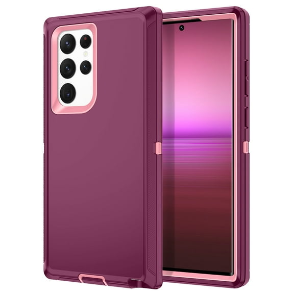 I-HONVA For Samsung Galaxy S22 Ultra Case,3-Layer Military Grade Drop Protection Anti-Slip Rugged Shockproof Dustproof Protection 6.8 inch Phone Case,Purple Pink