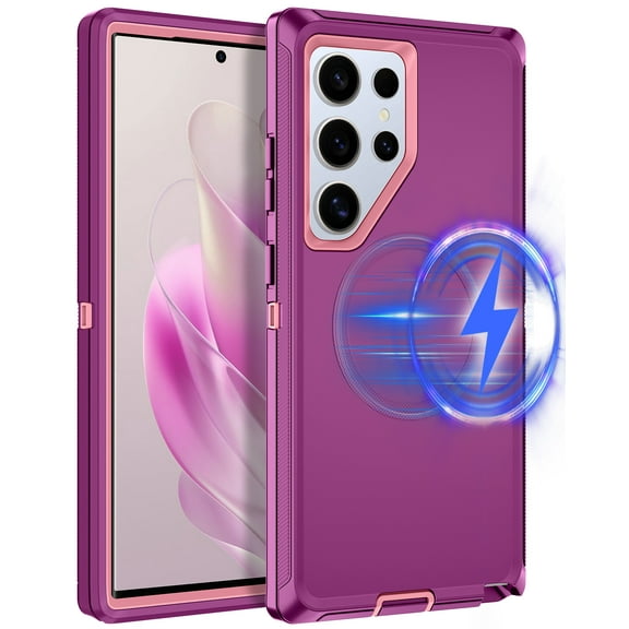I-HONVA For Samsung Galaxy S24 Ultra Case Compatible with MagSafe,3-Layer Military Grade Drop Protection Anti-Slip Rugged Shockproof Dustproof Protection 6.8 inch Phone Case,Purple Pink