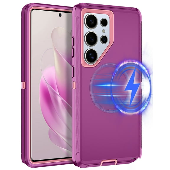 I-HONVA For Samsung Galaxy S25 Ultra Case Compatible with MagSafe,3-Layer Military Grade Drop Protection Anti-Slip Rugged Shockproof Dustproof Protection 6.8 inch Phone Case,Purple Pink