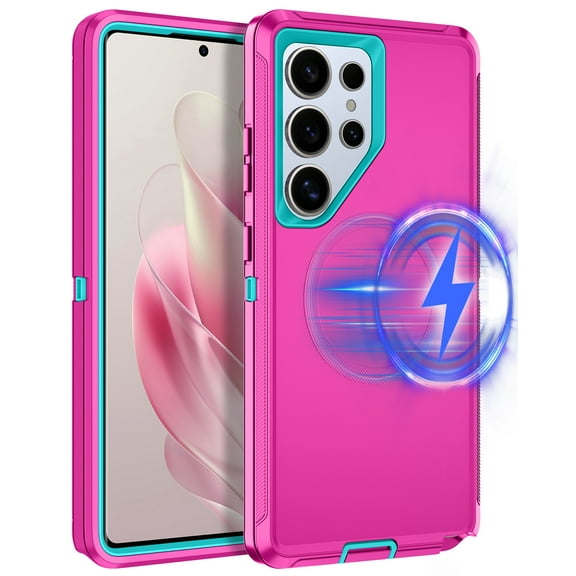 I-HONVA For Samsung Galaxy S25 Ultra Case Compatible with MagSafe,3-Layer Military Grade Drop Protection Anti-Slip Rugged Shockproof Dustproof Protection 6.8 inch Phone Case,Rose Turquoise