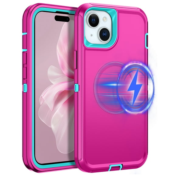 I-HONVA For iPhone 14/15 Plus Case Compatible with MagSafe,3-Layer Military Grade Drop Protection Anti-Slip Bumper Rugged Shockproof Dustproof Protection 6.7 inch Phone Case,Rose Turquoise
