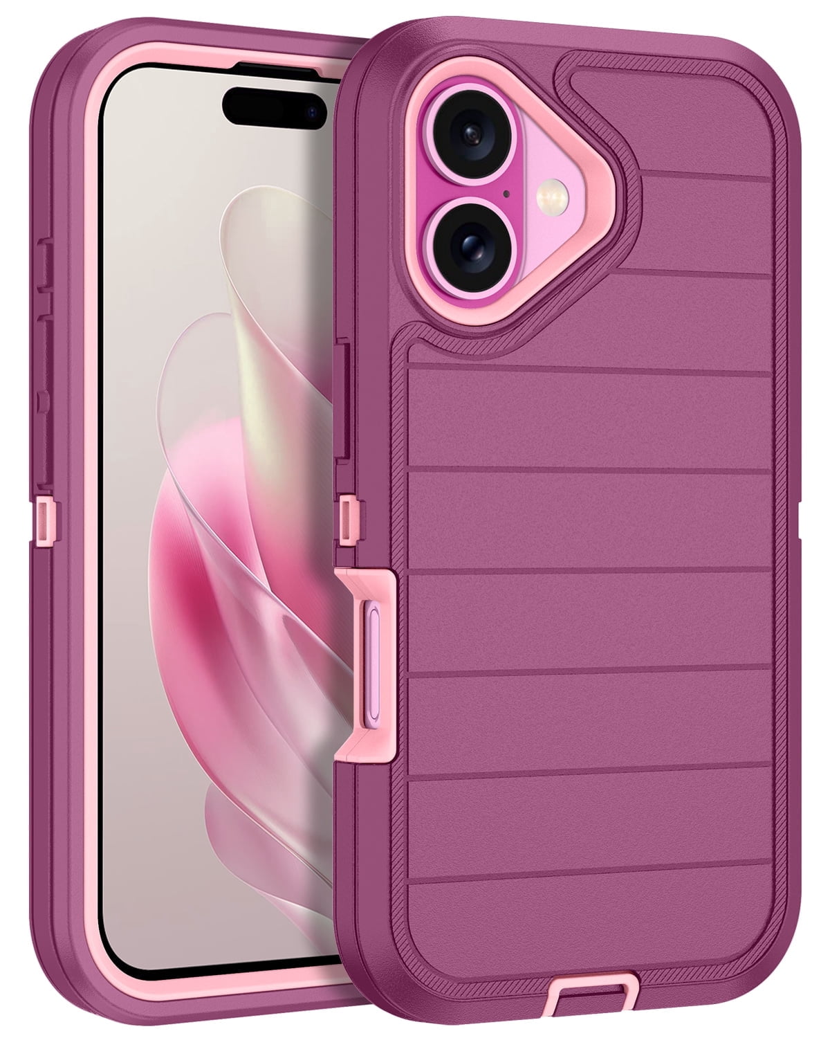 I-HONVA For iPhone 16 Case,Stripe 3-Layer Military Grade Drop Protection Anti-Slip Bumper Rugged Shockproof Dustproof Protection 6.1 inch Phone Case,Red Pink