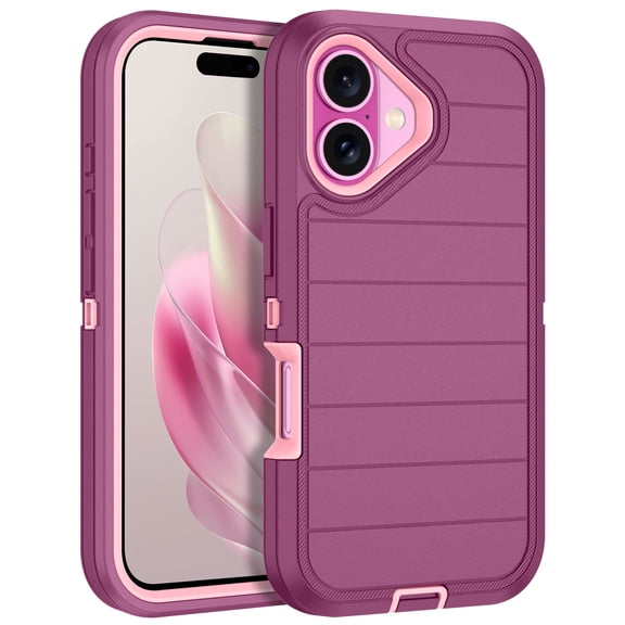 I-HONVA For iPhone 16 Case,Stripe 3-Layer Military Grade Drop Protection Anti-Slip Bumper Rugged Shockproof Dustproof Protection 6.1 inch Phone Case,Red Pink