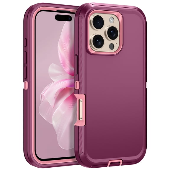 I-HONVA For iPhone 16 Pro Case,3-Layer Military Grade Drop Protection Anti-Slip Bumper Rugged Shockproof Dustproof Protection 6.3 inch Phone Case,Red Pink
