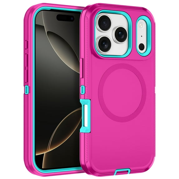 I-HONVA Compatible with iPhone 17 Pro Max Magnetic Case,3-Layer Drop Protection Anti-Slip Bumper Rugged Shockproof Dustproof Protection 6.9 inch Phone Case,Rose Teal