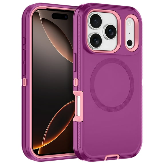 I-HONVA Compatible with iPhone 17 Pro Max Magnetic Case,3-Layer Drop Protection Anti-Slip Bumper Rugged Shockproof Dustproof Protection 6.9 inch Phone Case,Purple Pink