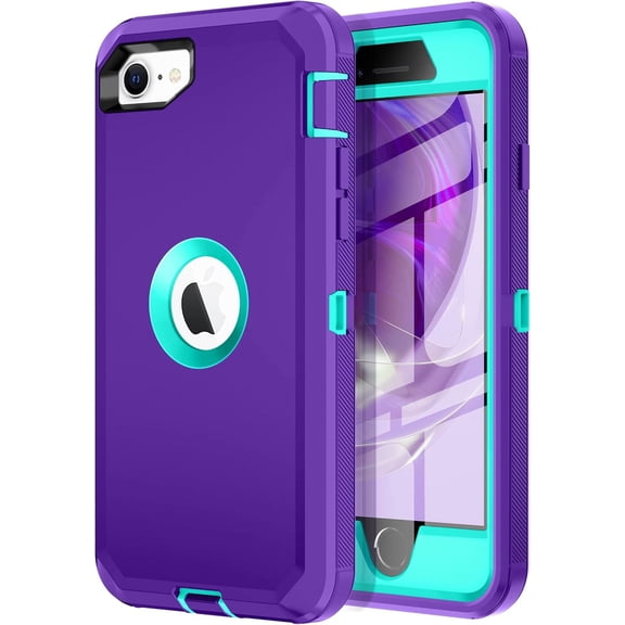 I-HONVA For iPhone SE 2020 Case,3-Layer Military Grade Drop Protection Anti-Slip Bumper Rugged Shockproof Dustproof Protection 4.7 inch Phone Case,Purple Turquoise