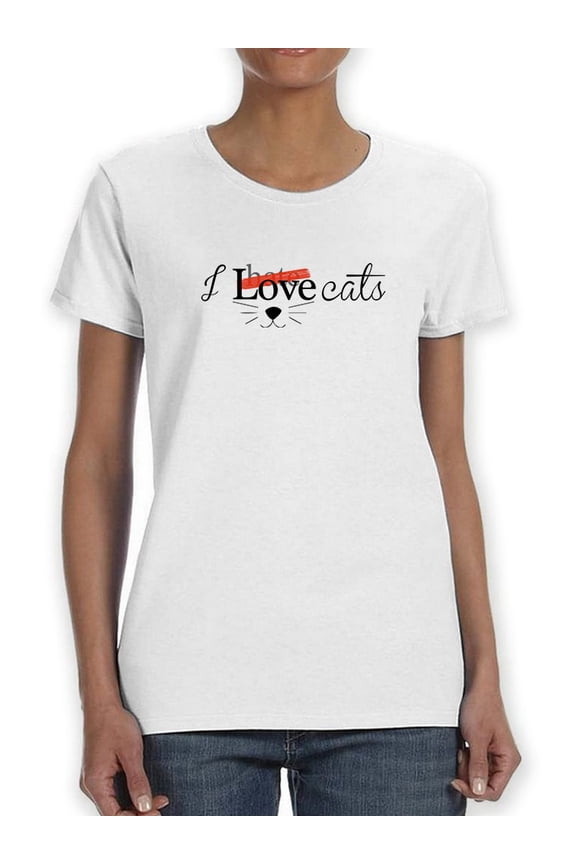 "I Hate Love Cats" Quote, Cat Face Graphic Women White T-Shirt, Female Large