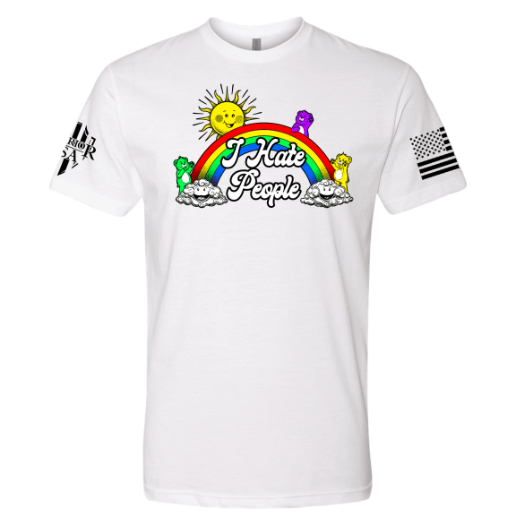 I Hate People Graphic T-Shirt, Rainbow Design, Cotton-Polyester Blend, White, USA Made (US, Alpha, Large, Regular, Regular, White)