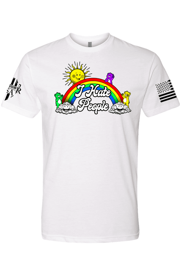 I Hate People Graphic T-Shirt, Rainbow Design, Cotton-Polyester Blend, White, USA Made (US, Alpha, Small, Regular, Regular, White)