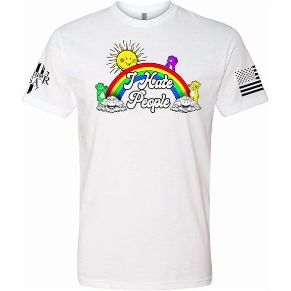 I Hate People Graphic T-Shirt – White, Rainbow Design, Cotton-Polyester Blend, Made in The USA, Regular Fit, Large
