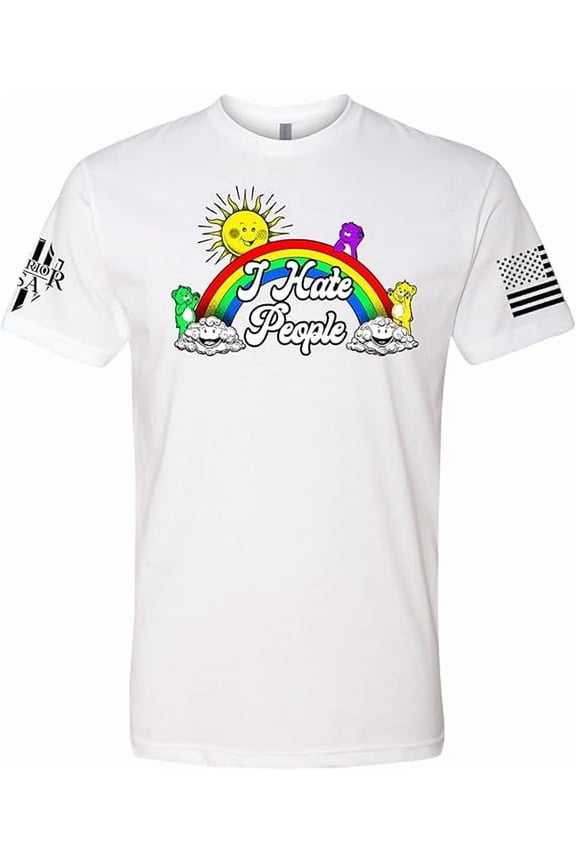I Hate People Graphic T-Shirt – White, Rainbow Design, Cotton-Polyester Blend, Made in The USA, Regular Fit, XX-Large