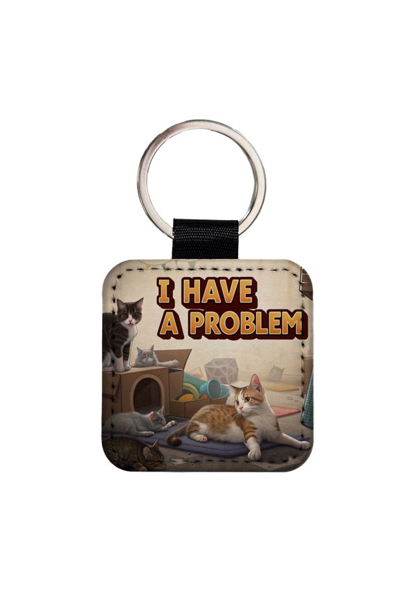 I Have A Problem Cat Hoarder Funny Faux Leather Square Keychain