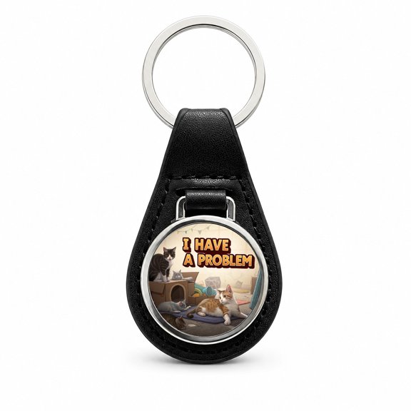 I Have A Problem Cat Hoarder Funny Metal Black Leather Keychain