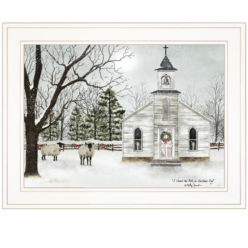White Framed Christmas Church Canvas Print, 19" x 15"