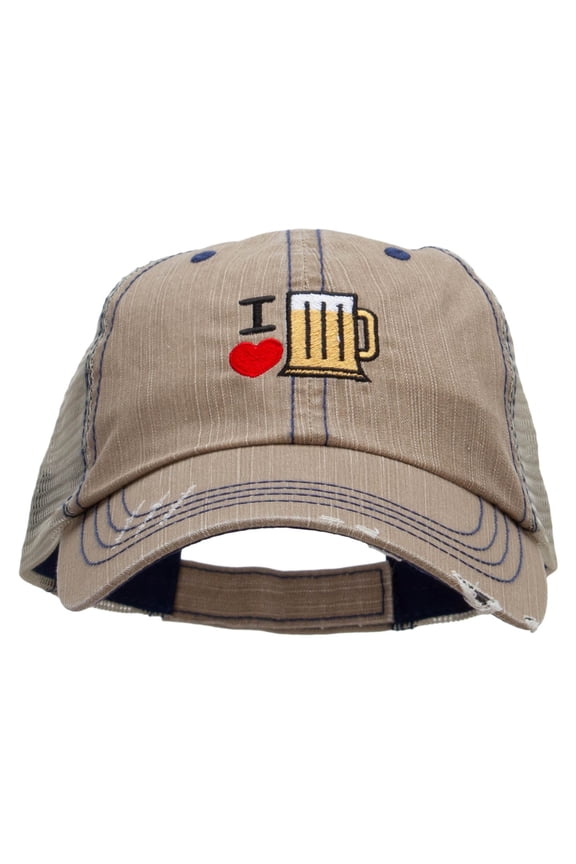 I Heart Beer Embroidered Low Profile Special Cotton Mesh Cap - Khaki OSFM