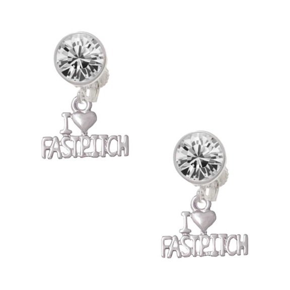 I 'Heart' Fastpitch Clear Crystal Clip On Earrings