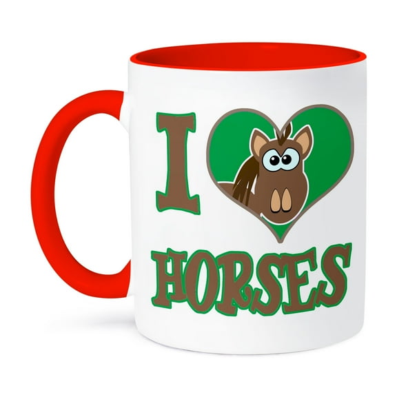 3dRose, I Heart Love Horses Cartoon, 11oz Two-Tone Red Mug