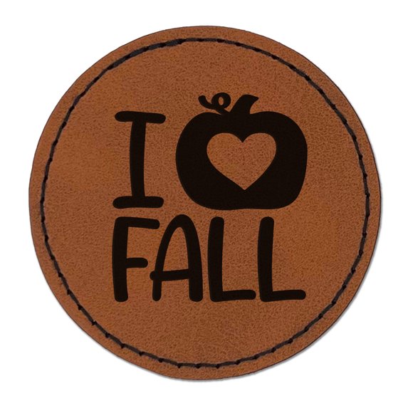 I Heart Love Pumpkin Fall 2.5" Faux Leather Round Engraved Iron-On Patch - Brown