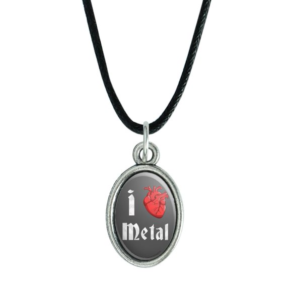 I Heart Metal Love Funny Humor Antiqued Oval Charm Pendant with Black Satin Cord
