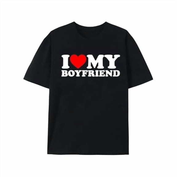 Greenink I Heart My Boyfriend Adult Tshirt Black BF T-Shirt Funny Couple Gifts Tee Heart Graphic Novelty Shirt Pure Cotton Tops