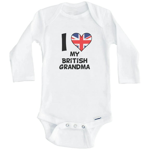 I Heart My British Grandma United Kingdom Flag One Piece Baby Bodysuit (Long Sleeve), 0-3 Months White