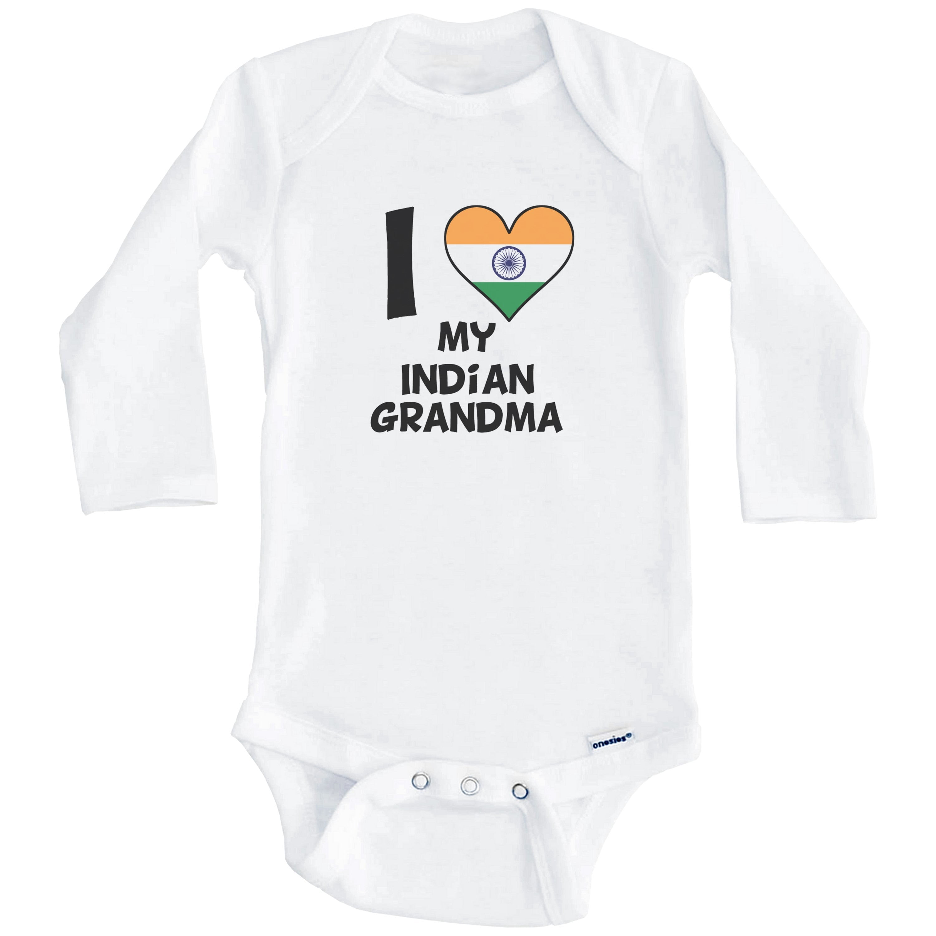 I Heart My Indian Grandma India Flag One Piece Baby Bodysuit (Long Sleeve), 3-6 Months White