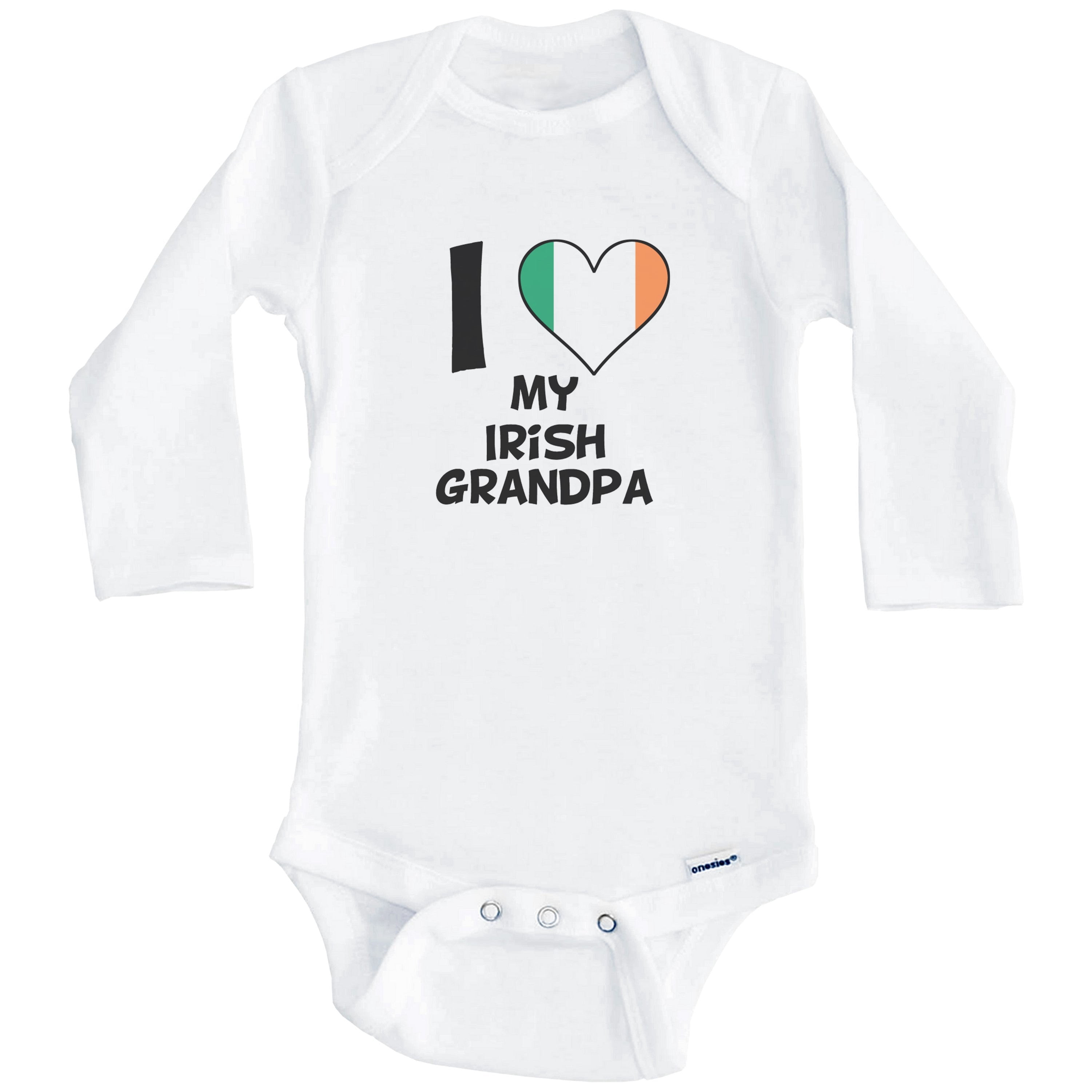 I Heart My Irish Grandpa Ireland Flag One Piece Baby Bodysuit (Long Sleeve), 6-9 Months White