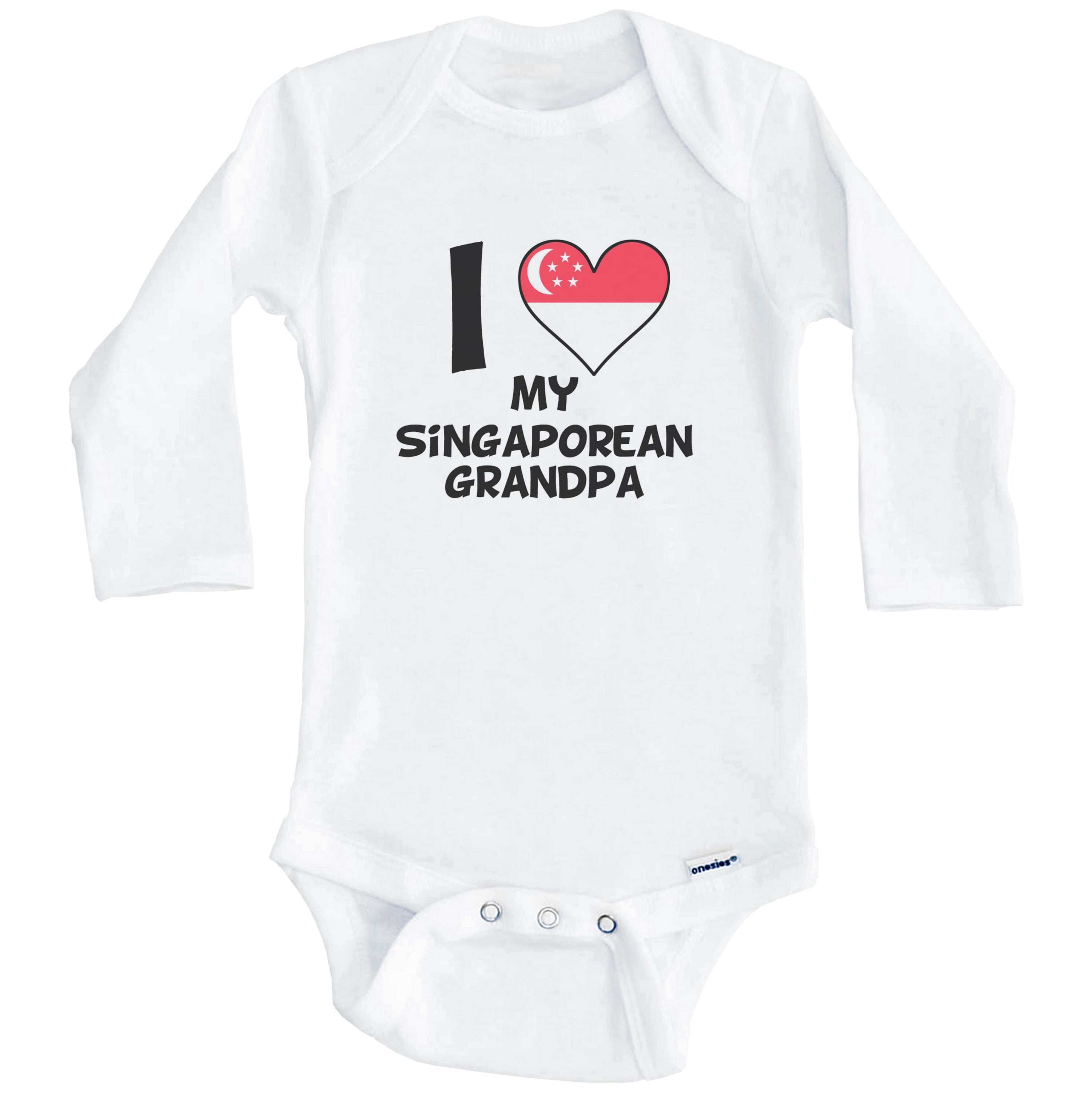 I Heart My Singaporean Grandpa Singapore Flag One Piece Baby Bodysuit (Long Sleeve), 3-6 Months White