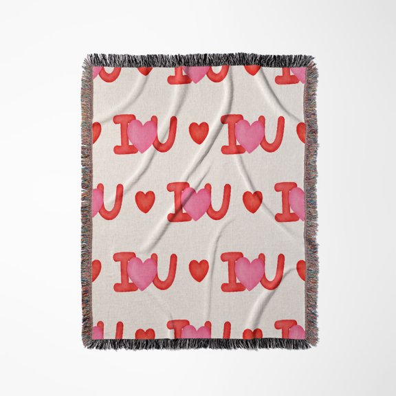 I Heart U In Pink And Red With Red Hearts Pattern, Woven Blanket