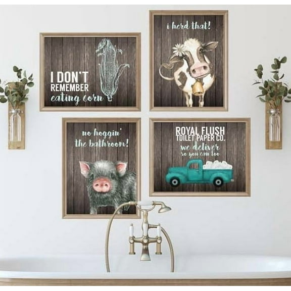 I Herd That! - Funny Farmhouse Bathroom Themed Decor Art Farm Rustic Wood Style Wall Prints Set Cow Pig Poster Signs Typography Rules Toilet Paper Truck Pictures (Set of 4) 8x10 Picture