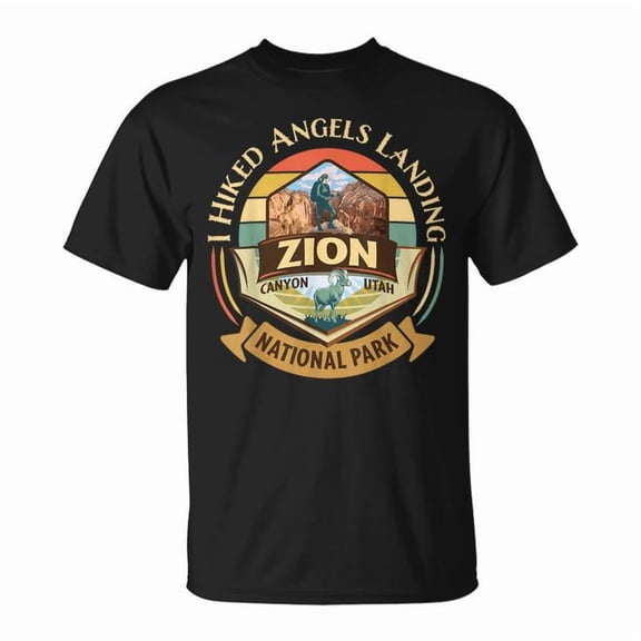 I Hiked Angels Landing Zion National Park Retro Vintage Bighorn Sheep Graphic Hiking Adventure Souvenir T-Shirt, Size XL, Color Black