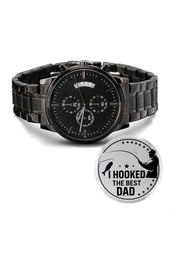 I Hooked The Best Dad Gift For Father Engraved Black Chronograph Watch