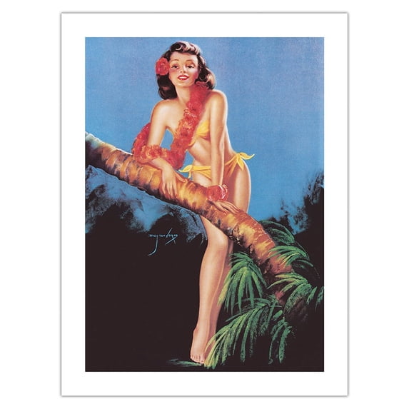 I Hope the Boys Don't Draw Straws Tonight - Tropical Bikini-Clad Girl - Vintage Pin Up Girl Print by Billy DeVorss c.1946 - Fine Art Matte Paper Print (Unframed) 18x24in