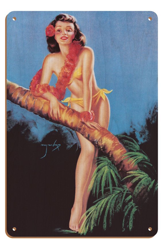 I Hope the Boys Don't Draw Straws Tonight - Tropical Bikini-Clad Girl - Vintage Pin Up Girl Print by Billy DeVorss c.1946 - 8 x 12 inch Vintage Wood Art Sign