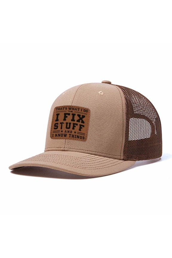 THAT'S WHAT I DO I FIX STUFF AND I KNOW THINGS Letter leather label pattern, suitable for travel and casual outfits, breathable outdoor baseball cap for men, adjustable