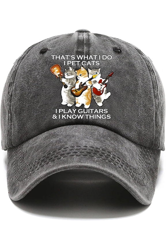 That's What I Do I Pet Cats Funny Distressed Washed Black Baseball Cap, Cute Cat Playing Guitar Vintage Adjustable Cotton Cap, Birthday Positive Thanking You Gifts for Mom Grandma Cat Lover