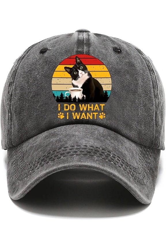I Do What I Want Fun Distressed Washed Black Baseball Cap, Cute Cat Vintage Adjustable Cotton Cap, Retirement Gifts for Men Women, Christmas Birthday Gifts for Mom Dad BFF Cat Lover Cat Rescue