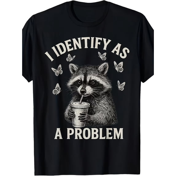I Identify As A Problem Raccoon Butterfly Funny Halloween T-Shirt, Funny Shirts, Mens Graphic T-shirts, Cotton Tshirts for Men, 100% Cotton, 220g, Soft and Comfortable Short Sleeves