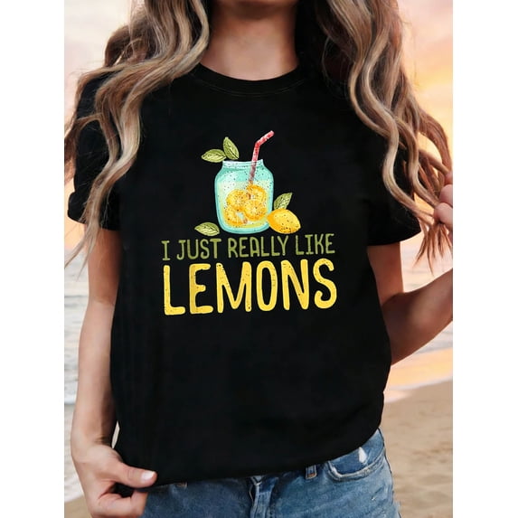 I JUST REALLY LIKE LEMONS Graphic Print Women's T-shirt, Short Sleeve Crew Neck Casual Top, Women's Clothing