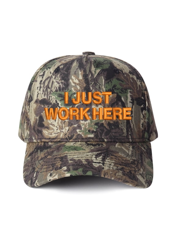 I JUST WORK HERE Letter Embroidered Color Block Trucker Hat Unisex Adjustable Cotton Breathable Fashion Cap for Travel Daily Wear