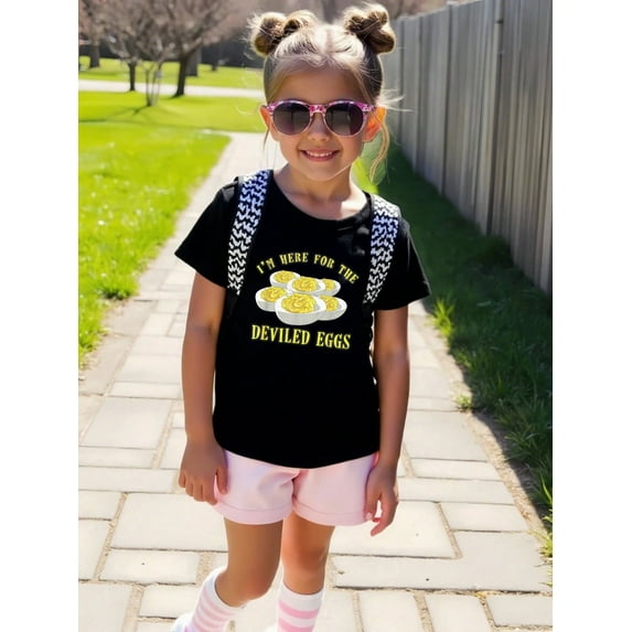 MAWOTEA I Am Just Here For The Deviled Eggs Patterned Iron-on Letter Graphic T-shirts for Outdoor Sports and Daily Wearing, Young Girls T-Shirts, Size from 3T-13Y