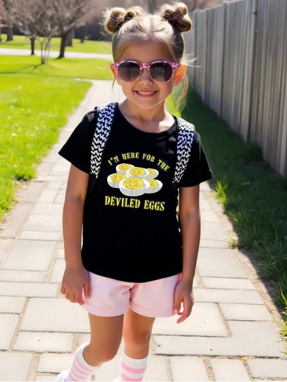 I Am Just Here For The Deviled Eggs Patterned Iron-on Letter Graphic T-shirts for Outdoor Sports and Daily Wearing, Young Girls T-Shirts, Size from 3T-13Y