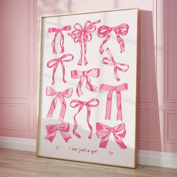 I Am Just A Girl Pink Wall Art Trendy Bow Print, Inspirational Quotes Print Coquette Room Decor, Girly Aesthetic Wall Art Pink Dorm Decor Wall Art, Modern Wall Decor, 24x36 UNFRAMED