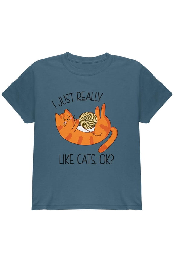 I Just Really Like Cats Ok Cute Youth T Shirt Indigo Blue YLG