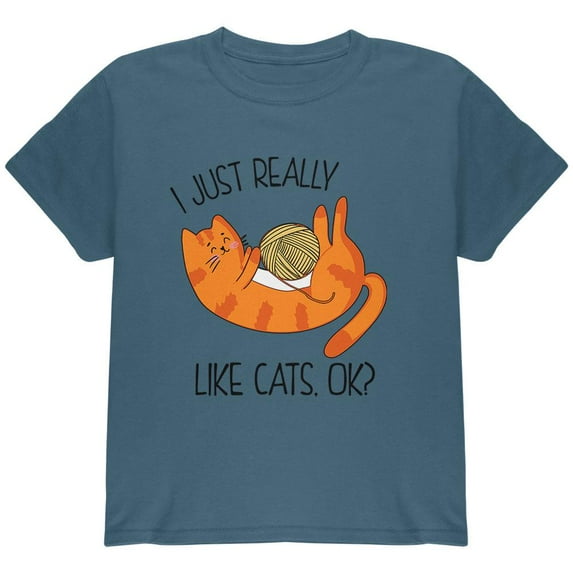 I Just Really Like Cats Ok Cute Youth T Shirt Indigo Blue YXL