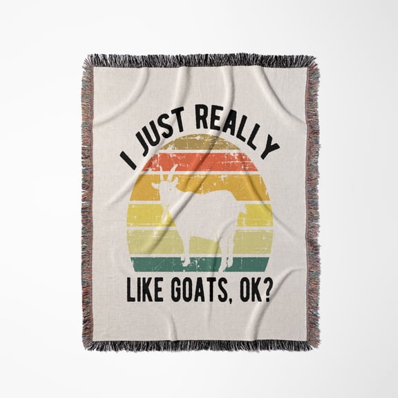 I Just Really Like Goats Ok. Black Letters White Goat On Retro Stripes, Woven Blanket